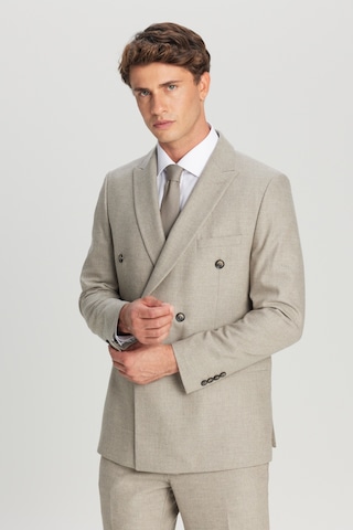Ac&co Erkek Bej Yünlü Slim Fit Dar Kesim Kırlangıç Yaka Kapak Cepli Kruvaze Takım Elbise