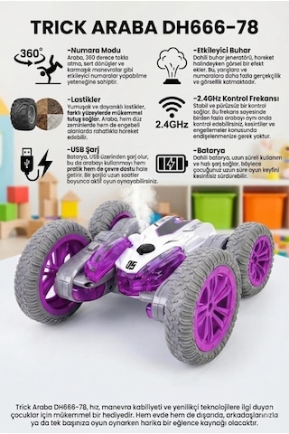 Uzaktan Kumandalı 7 Fonksiyonlu Işıklı Şarjlı Duman Atan 360 Derece Dönebilen Oyuncak Akrobat Araba Mor