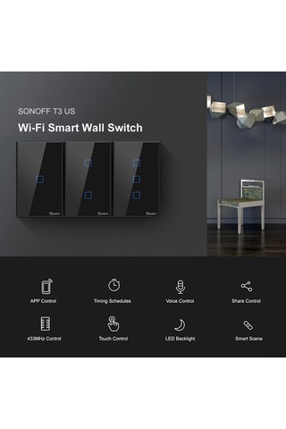 Yifomall Sonoff T3us3c-tx 3 Kanallı Wifi Akıllı Dokunmatik Duvar Anahtarı Abd Standardı - Uzak Kumanda, Google Home/alexa Desteği Ve Ifttt Entegrasyonu