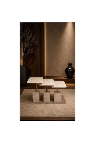 Modern Zigon Sehpa Trio Yan Sehpa Servis Sehpası Traveten Desen %100 Mdf Gri Gri