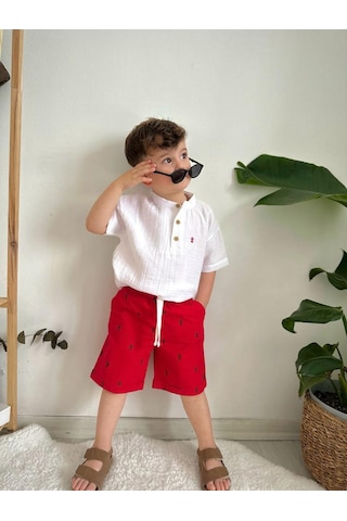 Minaz Baby Gömlek Kırmızı Şort Takım Beyaz - Kırmızı