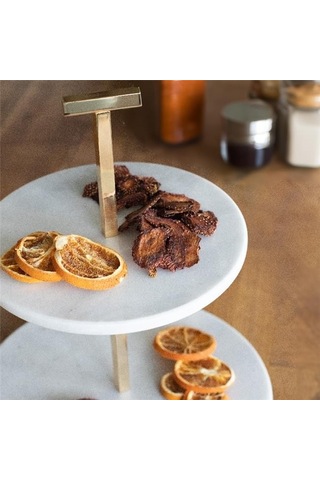 Akayev Mermer 25 Cm Beyaz Altın Boncuk Ayaklı İki Katlı Sunum Tabağı Beyaz