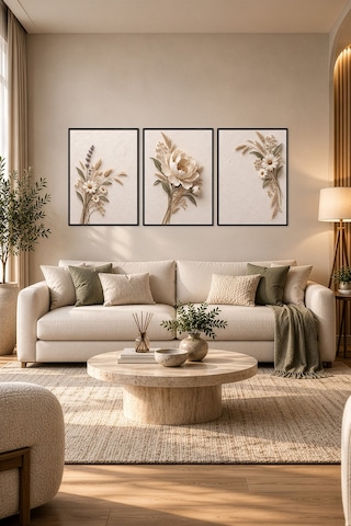 Siyah Çerçeveli Ivory Meadow Peony 3 Lü Ahşap Çerçeveli Mdf Tablo Seti Şakayık, Lavanta Ve Papatya Kuru Çiçek Temalı Kabartma Görünümlü Renk: Siyah