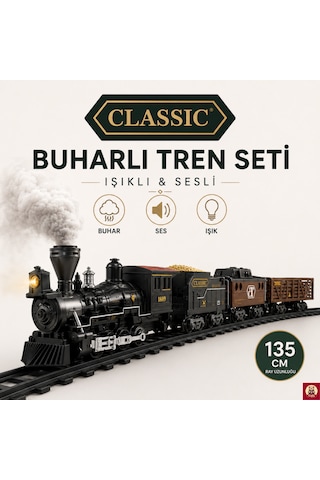 Işıklı Sesli Buharlı Tren Seti 30 Parça Gerçek Buhar Efektli, Klasik Lokomotif Oyuncak Tren 135 Cm Ray