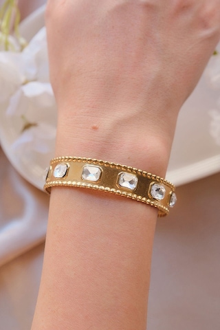 Gold Vintage Baget Zirkon Taşlı Çelik Kelepçe Bileklik Gold