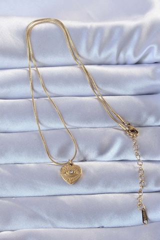 Gold Renk Zirkon Taşlı İşlemeli Göz Detay Kalp Kolye - Ebj240928w28334 Bakır