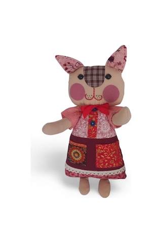 Kedi Hanım Patchwork Kırmızı Yanak Bez Bebek Patchwork