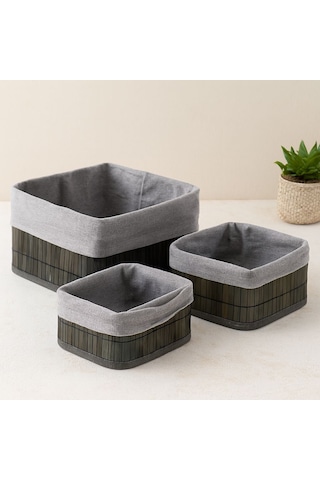 Kare Bambu Kenarlı Organizer Sepet - Bezli Ahşap Taban 3 Boy, 17x21x25 Cm Çok Renkli