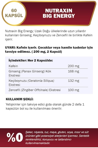 Nutraxin Big Energy - Vitamin Takviyesi 60 Tablet - Kafein Panax ginseng Keçiboynuzu Zencefil