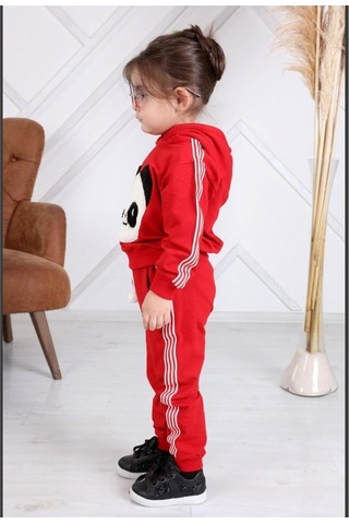 Quzucuk Kids Kız Çocuk Panda Figürlü Kırmızı Eşofman Takımı Çok Renkli