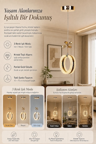 Tekli Alyans Gold 3 Renk Modlu Kristal Taşlı Ledli Sarkıt Avize Altın