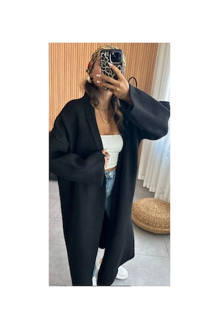İkrafashion Maxi Boy Uzun Tesettür Triko Hırka Siyah Siyah