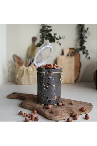 Terrazzo Brown Desenli Kilitli Kapaklı Yuvarlak Metal Kutu, 10.5 X 15 Cm, 1.1 Lt