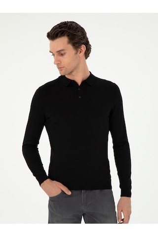 Cacharel Siyah Slim Fit Yün Karışımlı Polo Yaka Basic Triko Kazak