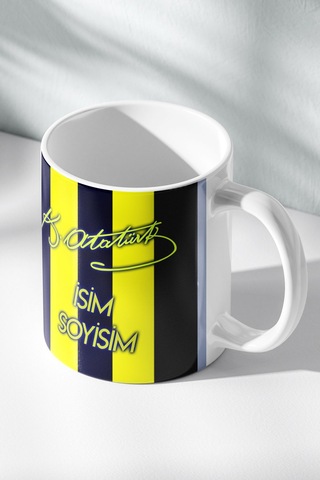 Kişiye Özel Atatürk İmzalı Sarı Lacivert Kupa Bardak, Hediyelik Çok Renkli