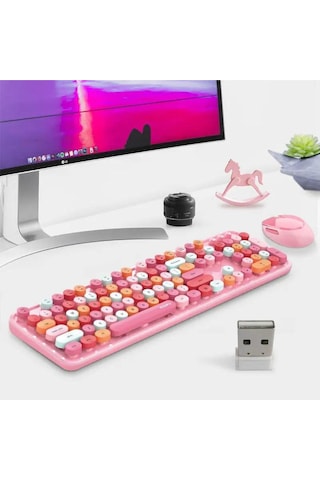 Renkli Daktilo Tarzı Vintage Mekanik Klavye Mouse Pc Laptop Uyumlu Kablosuz