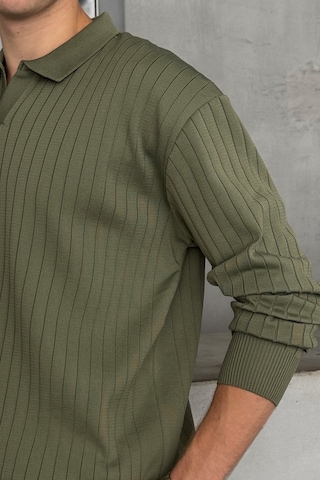 Erkek Polo Yaka Fitilli Oversize Triko Kazak Haki
