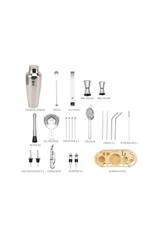 Weichuang01 Bambu Standlı 23 Parça Profesyonel Paslanmaz Çelik Aracı Kokteyl Çalkalayıcı Seti Gümüş