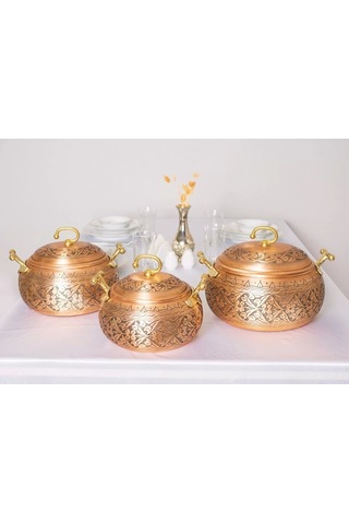 Bakır Tencere Seti Ağır İşlemeli Tombul Model Mat Bakır Renk
