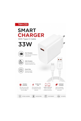 Trm-c33 Smart Charger 33w Usb To Type C Kablolu Hızlı Şarj Aleti Fast Charging Smart Chip Safe Charging Usb Adaptör Ve Usb C Şarj Kablosu