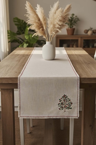 Rivaistanbul Çam Ağacı Nakışlı Hasır Görünümlü Kenarları Püsküllü Runner 40x115 Cm Çok Renkli