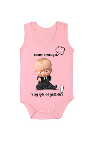 Bebetospik %100 Pamuk 9 Ay İçeride Yattım Baskılı Zıbın & Body Pembe