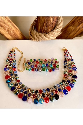 Çok Renkli Kristal Taşlı Türk El Yapımı Gerdanlık Kolyeve Bilezik Çok Renkli