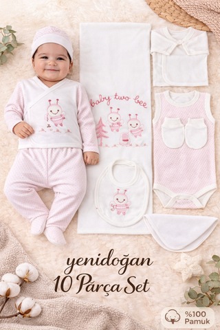 Petino Yenidoğan Arılı Kız Bebek Hastane Çıkış Seti 10 Parça Pembe