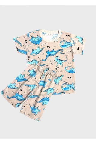 Aliş Kids Erkek Çocuk Pamuklu Bej Rengi Dinozor Desenli Kısa Kollu Şortlu Yazlık Pijama Takımı Bej Mavi