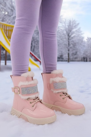 Günlük Kız Çocuk Rugan Bot Fermuarlı Lastik Bağcıklı Kürk Ve Taş Detaylı Kaymaz Taban Bootie 391 Pudra-rugan