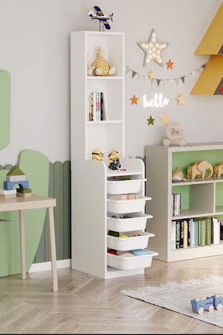 Bofigo 5 Sepetli 3 Raflı Dolap Çok Amaçlı Dolap Oyuncak Dolabı Derya Beyaz Beyaz