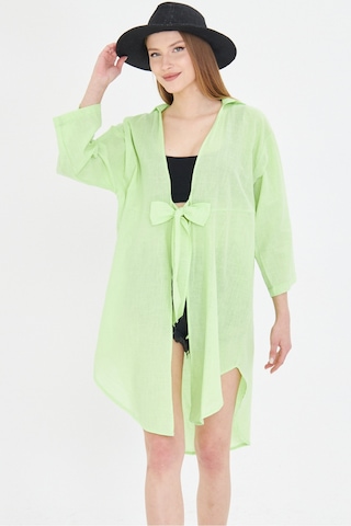 Armonika Kadın Neon Yeşil Önden Bağlamalı İnce Keten Kumaş Midi Boy Kimono Gömlek Arm-24y001081