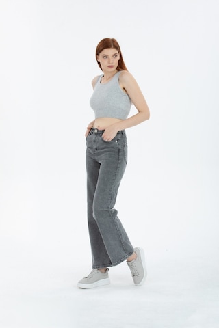 90's Kar Yıkama Kar Gri Likralı Süper Yüksek Bel Wide Leg Salaş Jeans Palazzo Pantolon Gri