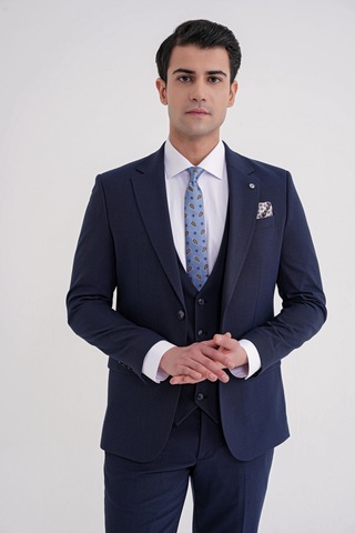 Efor Slim Fit Çift Yırtmaç Ekoseli Esnek Yünlü Yelekli Klasik Lacivert Takım Elbise Tk 934 Lacivert