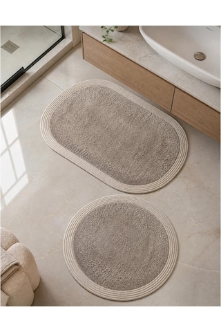Kaymaz Taban Peluş Banyo Paspası Seti Kahverengi Rengi Jüt Kenar Detaylı 2'li Oval Yuvarlak 100x60 60x60 Kahverengi - Krem