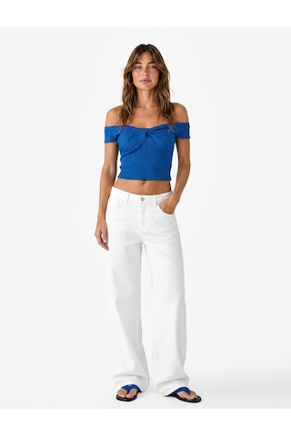 Koton Koton X Şahika Ercümen - Bürümcük Kumaş Kalp Yaka Düğüm Detaylı Omzu Açık Crop Top Mavi 6sak10451ek