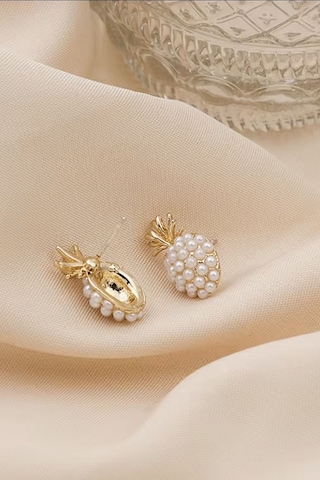 Kadın Küpe 14k Gold Renk İncili Ananas Premium Minimal Kararmaz Küpe Altın