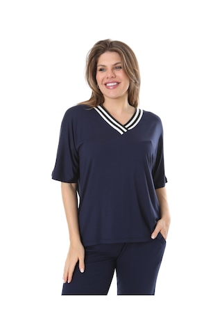 Melsay Butik Lacivert V Yaka Şerit Detaylı Kısa Kollu Beli Lastikli Kapri Takım Lacivert