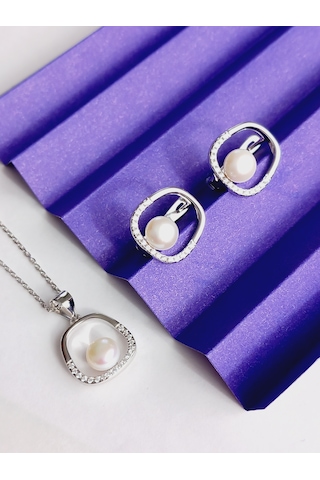 Gümüş Beyaz İnci Asimetrik Modern Tasarım Kadın Set Kolye Küpe