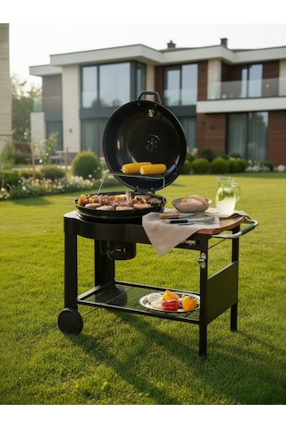 Tezgahlı Kapaklı Mangal Tekerli Kömürlü Mangal Geniş Izgara Alanı Siyah Barbekü