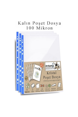 Poşet Dosya A4 Kristal 25 Adet Kalın Poşet Dosya Föy Mavi Şeritli 100 Mikron Şeffaf Belge Arşivleme Büro Ofis Okul 25 Adet