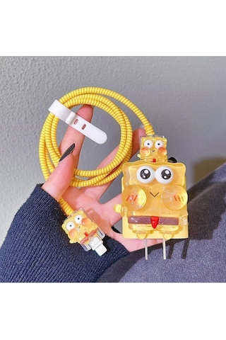 Iphone 18w/20w Uyumlu Şarj Aleti Kılıfı, Şarj Kablo Koruyucu , Şarj Koruyucu Kılıf Süngerbob İthalat