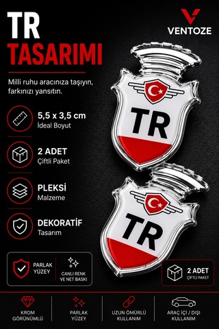 2 Adet Tr Logo Krom Görünümlü Pleksi Arma Oto Dekoratif Etiket Çiftli Set 5,5x3,5 Cm