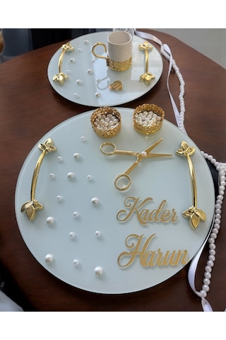 Beloved Gold Beyaz İncili Söz Tepsisi Nişan Tepsisi Ve Damat Kahve Fincan Tepsi Seti Beyaz Beyaz