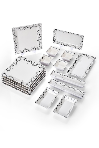 Piatti Naturali 16 Parça 6 Kişilik Mermer Kahvaltı Takımı Handmade Sunum Seti Siyah