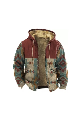 Erkek Kadife Kalın Fermuarlı Baskılı Hırka Ceket Kahverengi