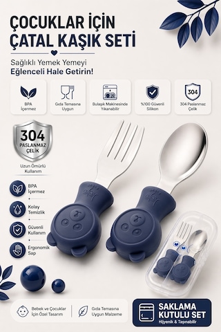 Jojobebek Kaşık Çatal Seti, Ergonomik Kısa Saplı Silikon, Paslanmaz Çelik Uçlu, Saklama Kutulu, (9-24 Ay) (LACİVERT)
