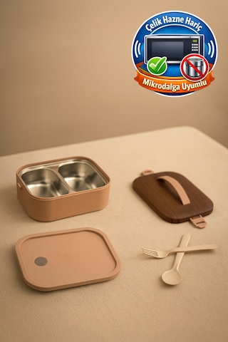 Lunchee - Çelik Bölmeli Sızdırmaz Ahşap Görünümlü Vakum Kapaklı Yemek Kabı Lunchbox 650 Ml Pembe