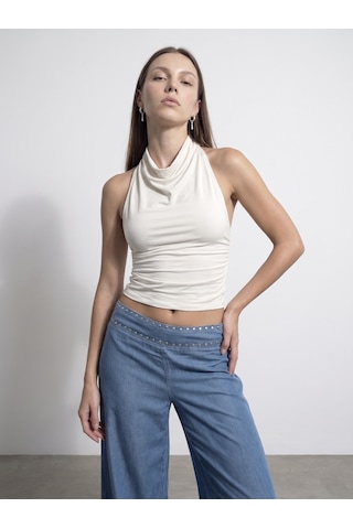 Dilvin 21246 Degaje Yaka Top-ekru