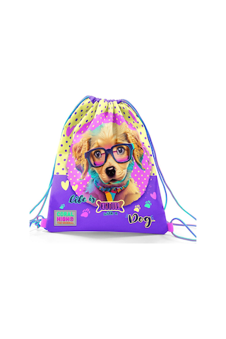 Coral High Kids Sarı Pembe Sevimli Köpek Desenli İpli Büzgülü Sırt Çantası 12646 Pembe